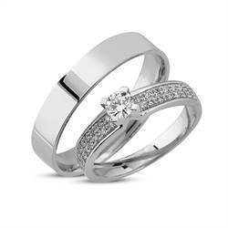 14 karat hvidgulds Vielsesringe "Dreaming Love" fra Nuran med smukke diamanter i dameringen